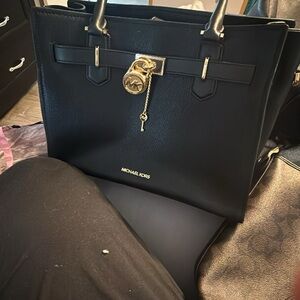 Michael Kors Black Leather Tote with Gold Accent Charm
